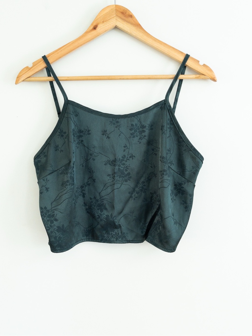 Hunter Green Satin Floral Embossed Smocked Crop Camisole Med/Large